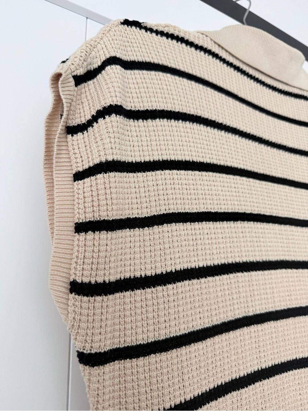 Striped Crochet Knit Polo Midi Dress Sz M Beige Black Slit Beach Summer Preppy - Picture 5 of 14